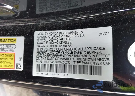 2021 Honda Accord Sport 2.0T z USA, uszkodzony, nr VIN 1HGCV2F30MA028698